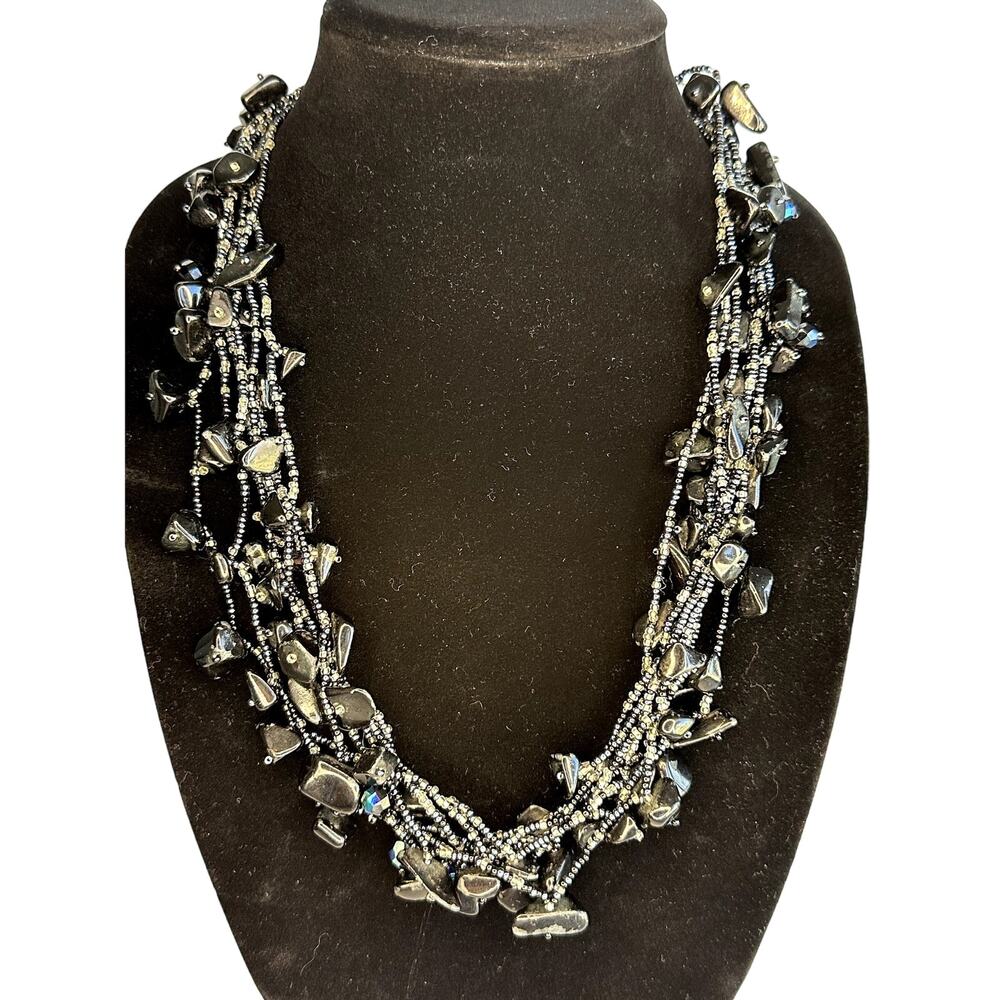Hematite and Glass Black Bead Necklace 12 1/2 Inches Long Cocktail Formal Dressy